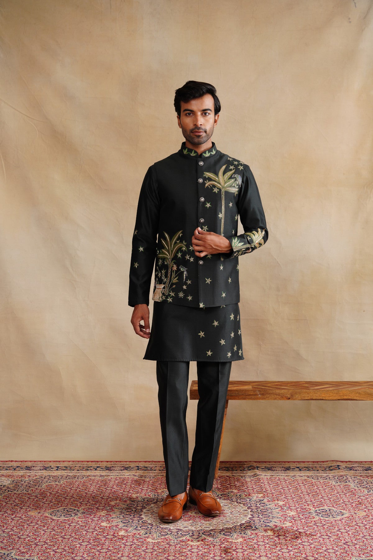 Deep Forest Green Waistcoat Kurta Set with Palm Tree & Botanical Embroidery