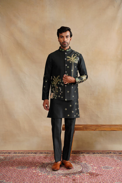Deep Forest Green Waistcoat Kurta Set with Palm Tree & Botanical Embroidery