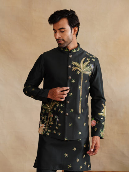 Mahendi Hand Painted with Cut Dana and Sequins Waist Coat Kurta Set on silk