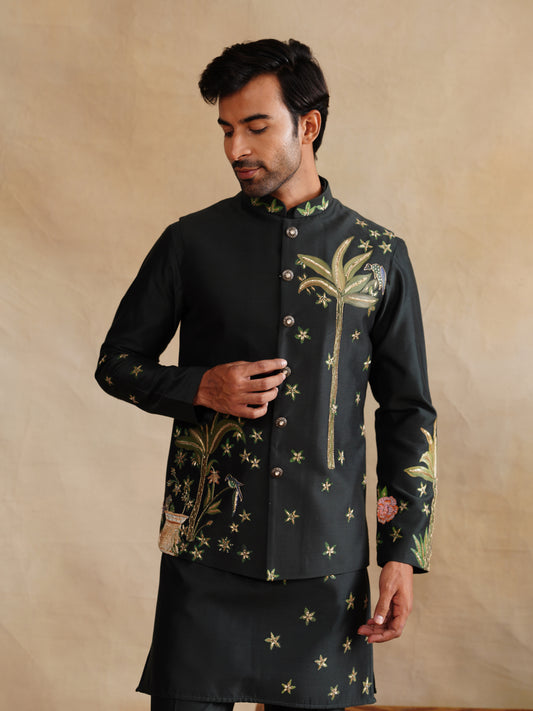 Mahendi Hand Painted with Cut Dana and Sequins Waist Coat Kurta Set on silk