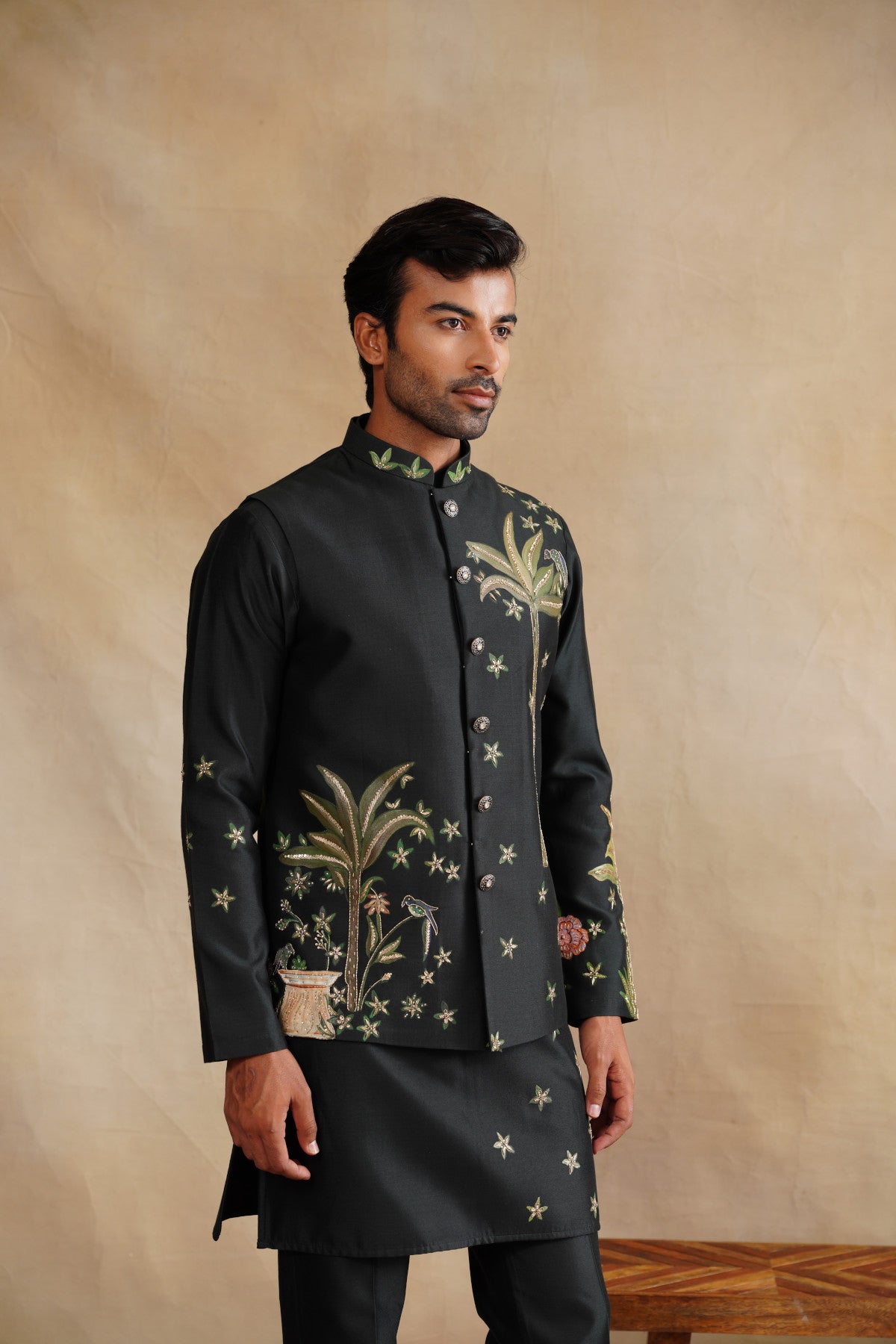 Deep Forest Green Waistcoat Kurta Set with Palm Tree & Botanical Embroidery
