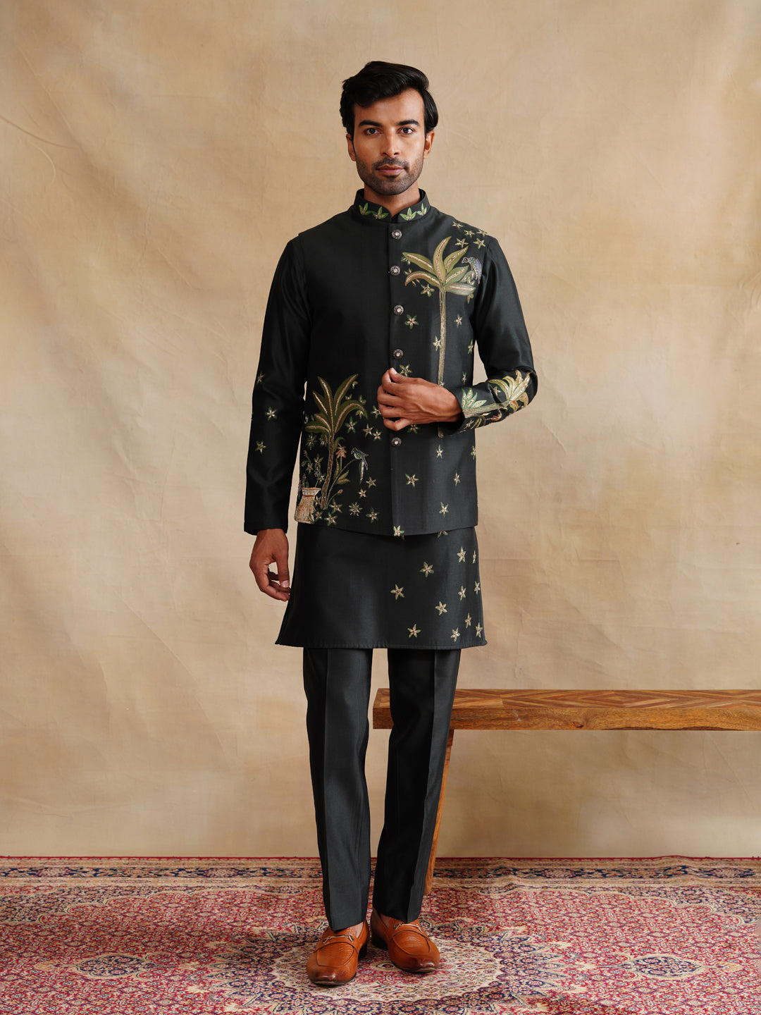 Mahendi Hand Painted with Cut Dana and Sequins Waist Coat Kurta Set on silk