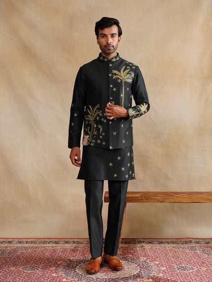 Mahendi Hand Painted with Cut Dana and Sequins Waist Coat Kurta Set on silk