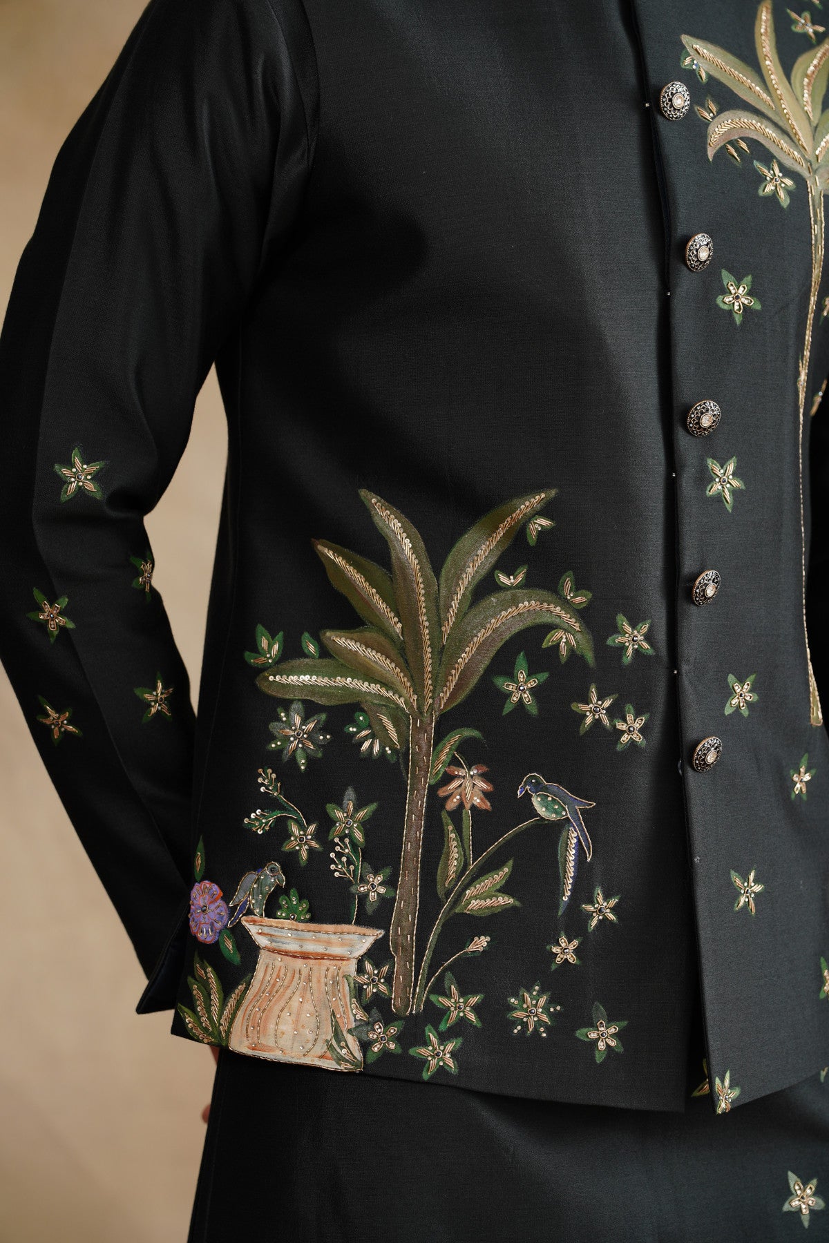 Deep Forest Green Waistcoat Kurta Set with Palm Tree & Botanical Embroidery