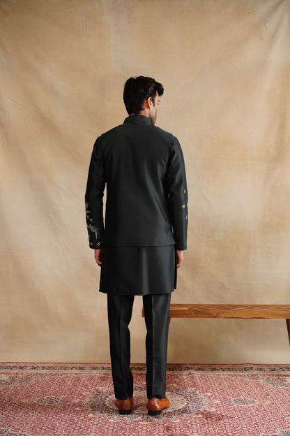 Deep Forest Green Waistcoat Kurta Set with Palm Tree & Botanical Embroidery