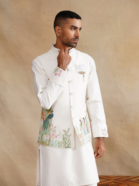 White Hand Painted with Hand embroidery Waist Coat Kurta Set on silk