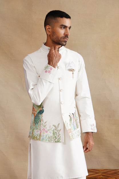 Ivory Waistcoat Kurta Set with Peacock & Heritage Scene Embroidery