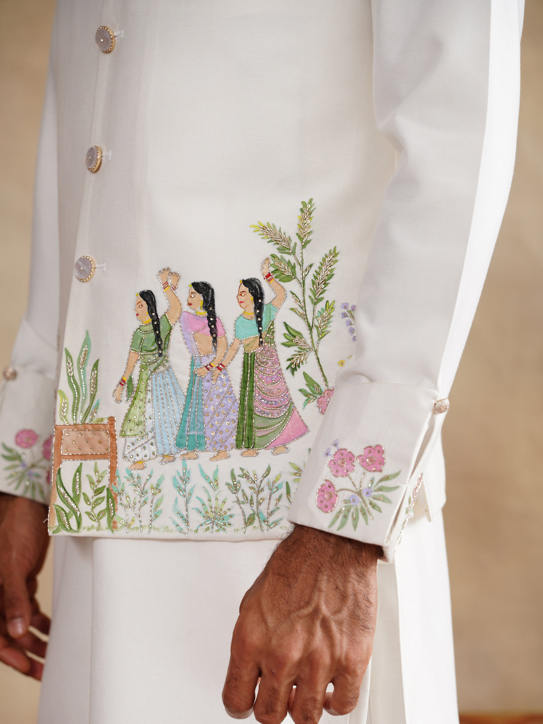 Ivory Waistcoat Kurta Set with Peacock & Heritage Scene Embroidery