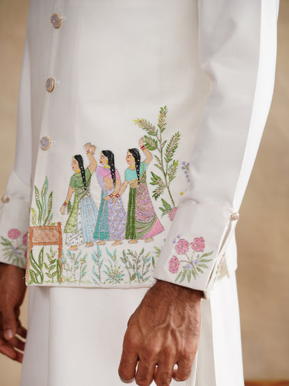 Ivory Waistcoat Kurta Set with Peacock & Heritage Scene Embroidery
