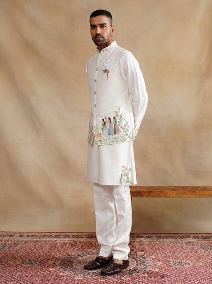 Ivory Waistcoat Kurta Set with Peacock & Heritage Scene Embroidery