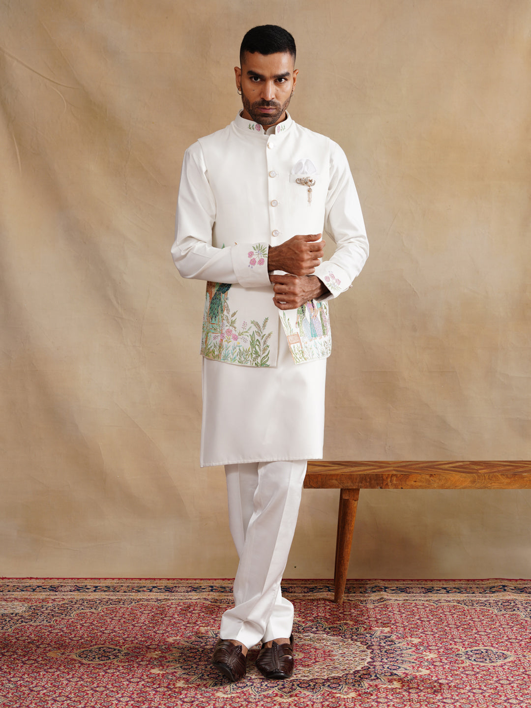 Ivory Waistcoat Kurta Set with Peacock & Heritage Scene Embroidery