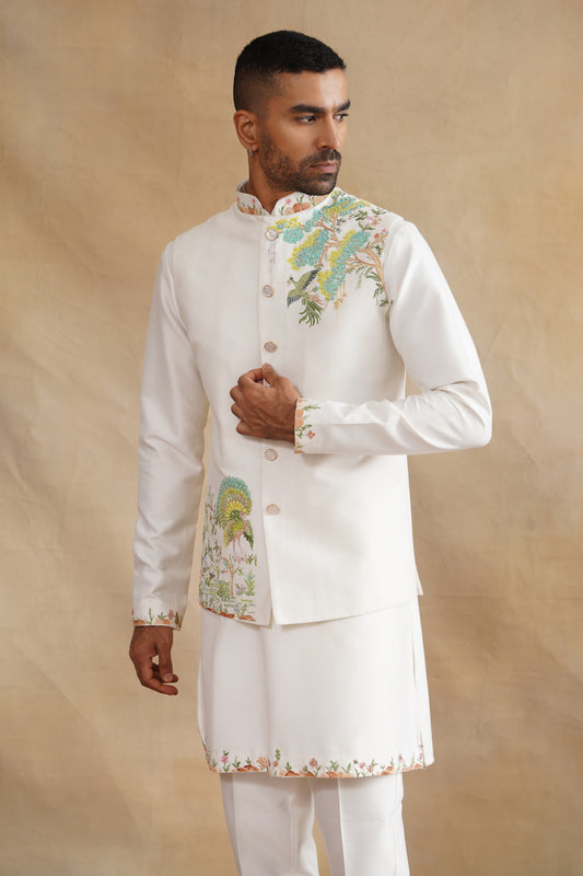 White Hand Painted with Hand Work Waist Coat Kurta Set on silk