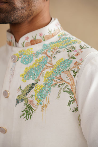 White Hand Painted with Hand Work Waist Coat Kurta Set on silk