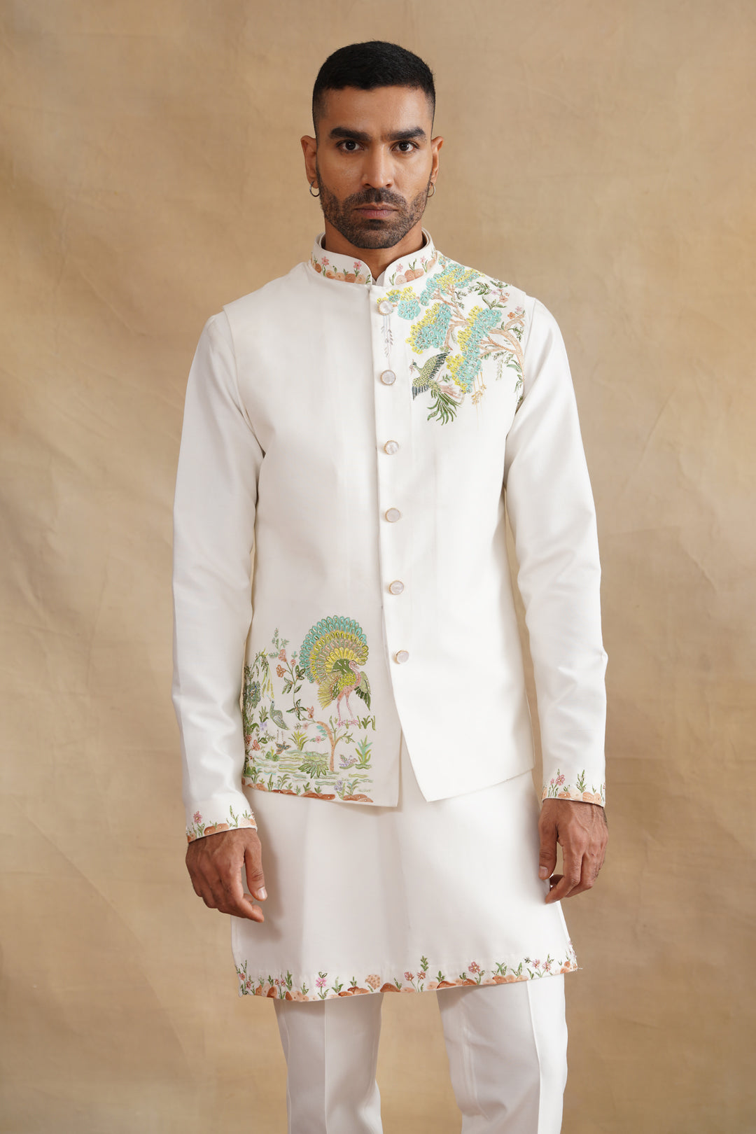 White Hand Painted with Hand Work Waist Coat Kurta Set on silk