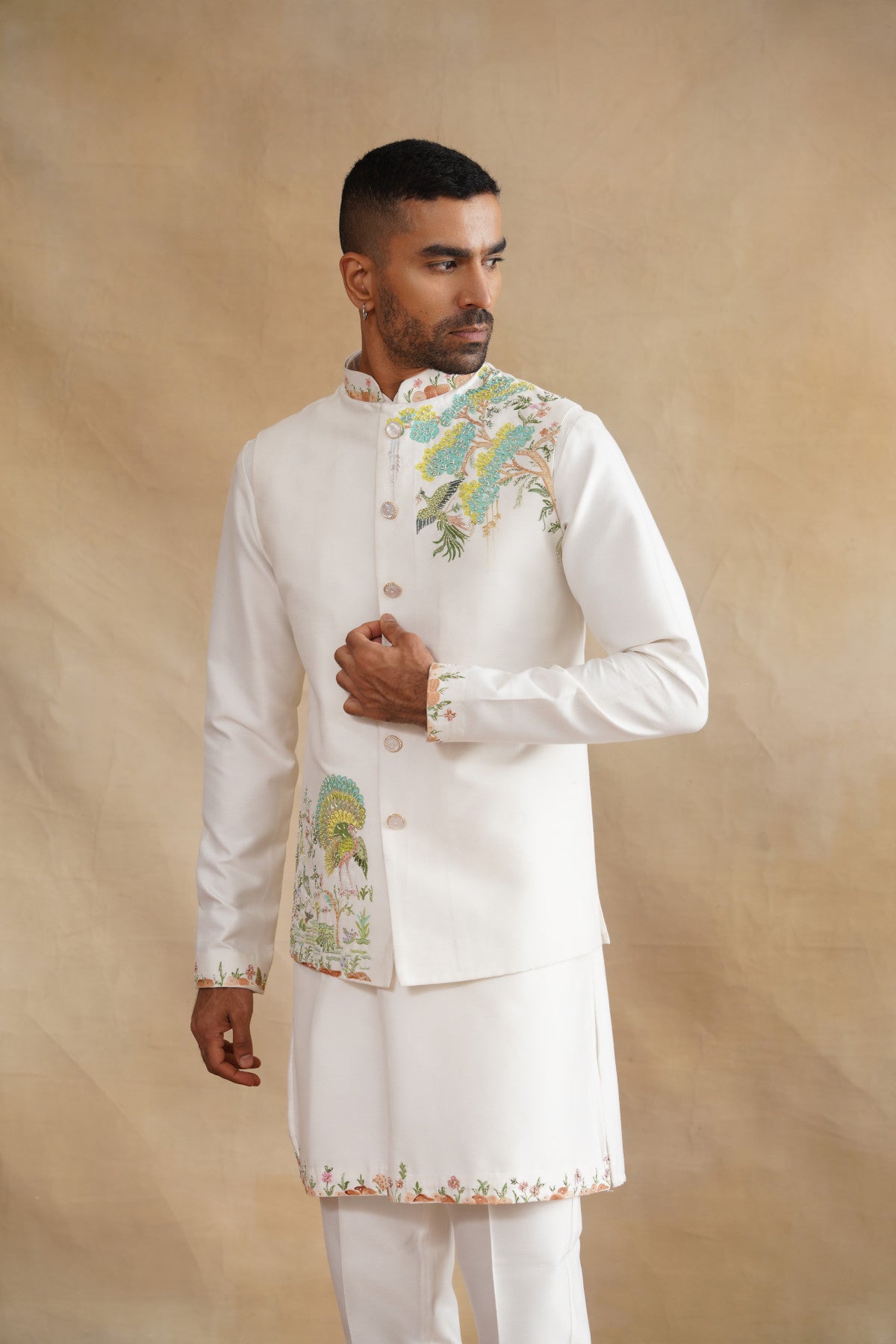 Ivory Waistcoat Kurta Set with Botanical & Peacock Embroidery