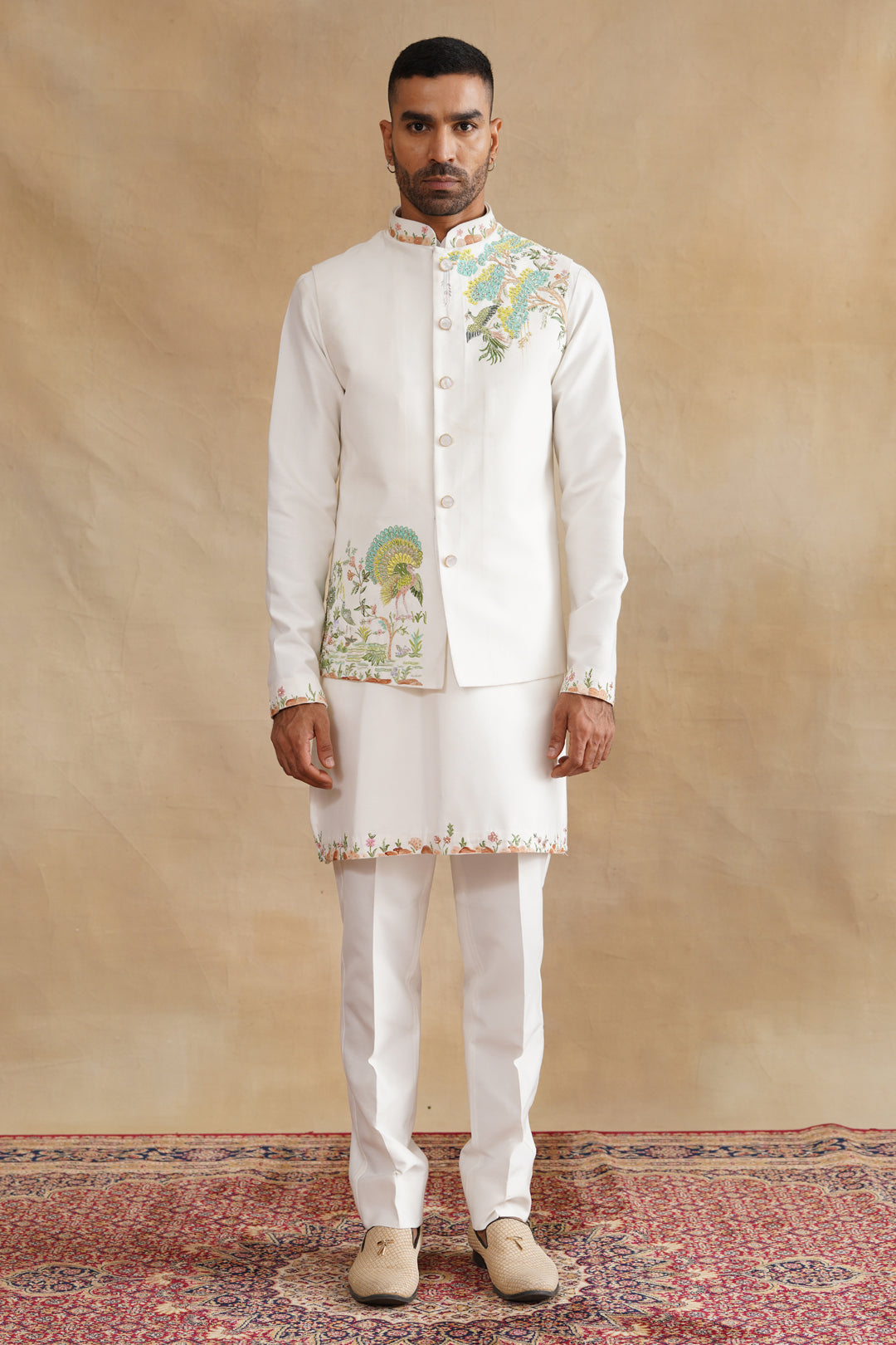 White Hand Painted with Hand Work Waist Coat Kurta Set on silk