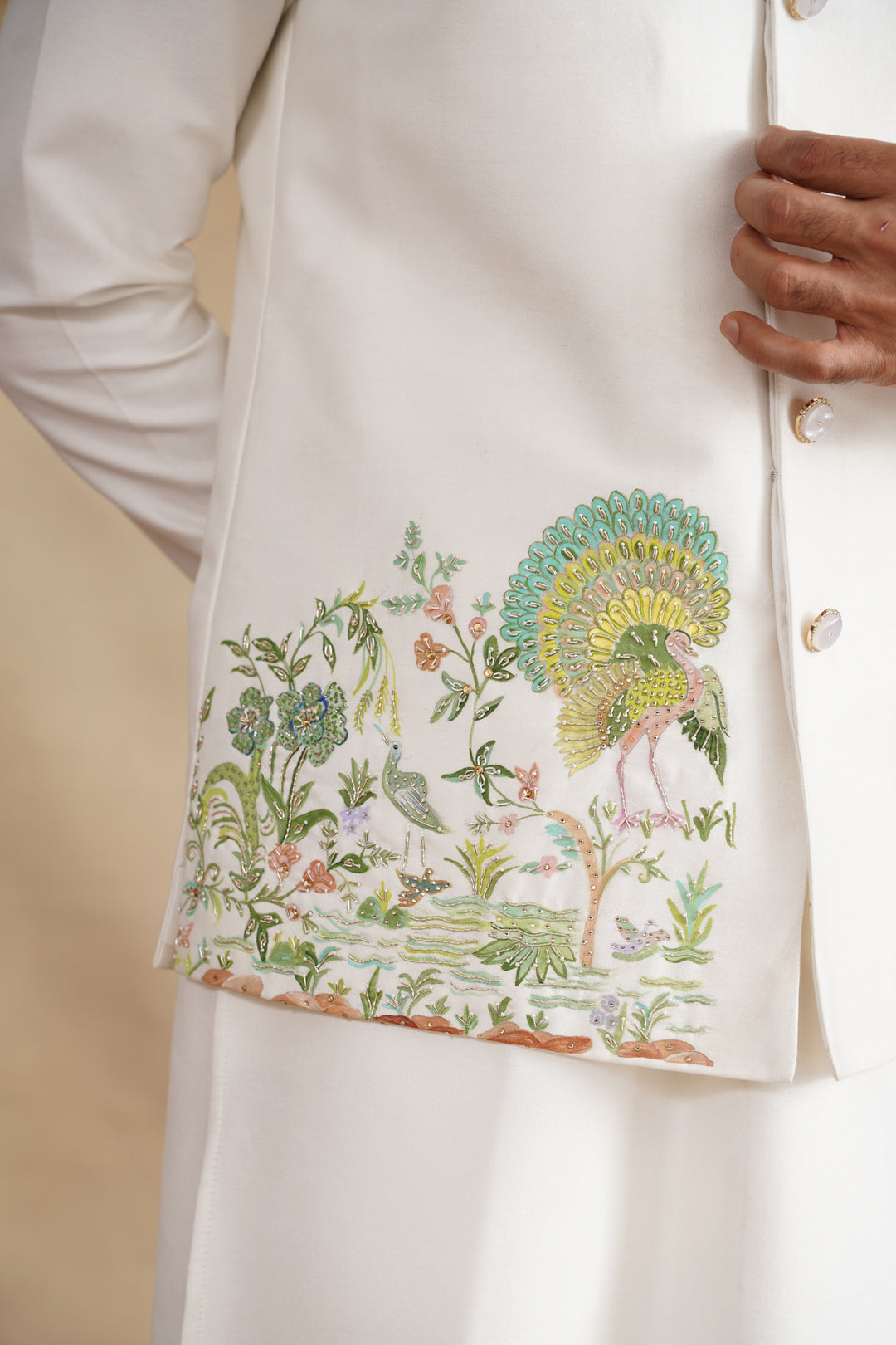 White Hand Painted with Hand Work Waist Coat Kurta Set on silk