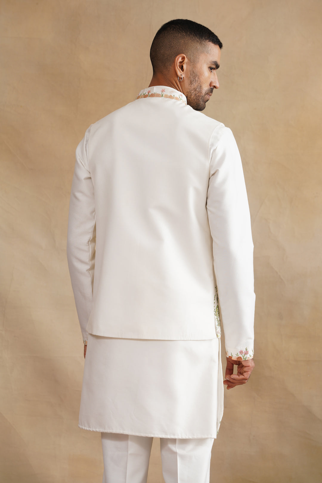 White Hand Painted with Hand Work Waist Coat Kurta Set on silk
