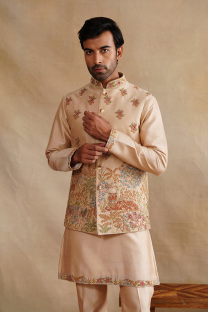 Beige Zardozi and Thread Embroidered Waist Coat Kurta Set on Silk