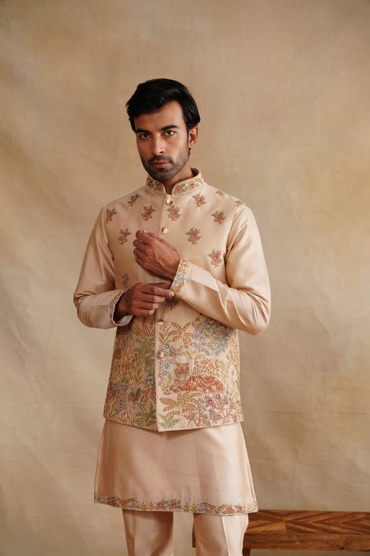 Beige Zardozi and Thread Embroidered Waist Coat Kurta Set on Silk