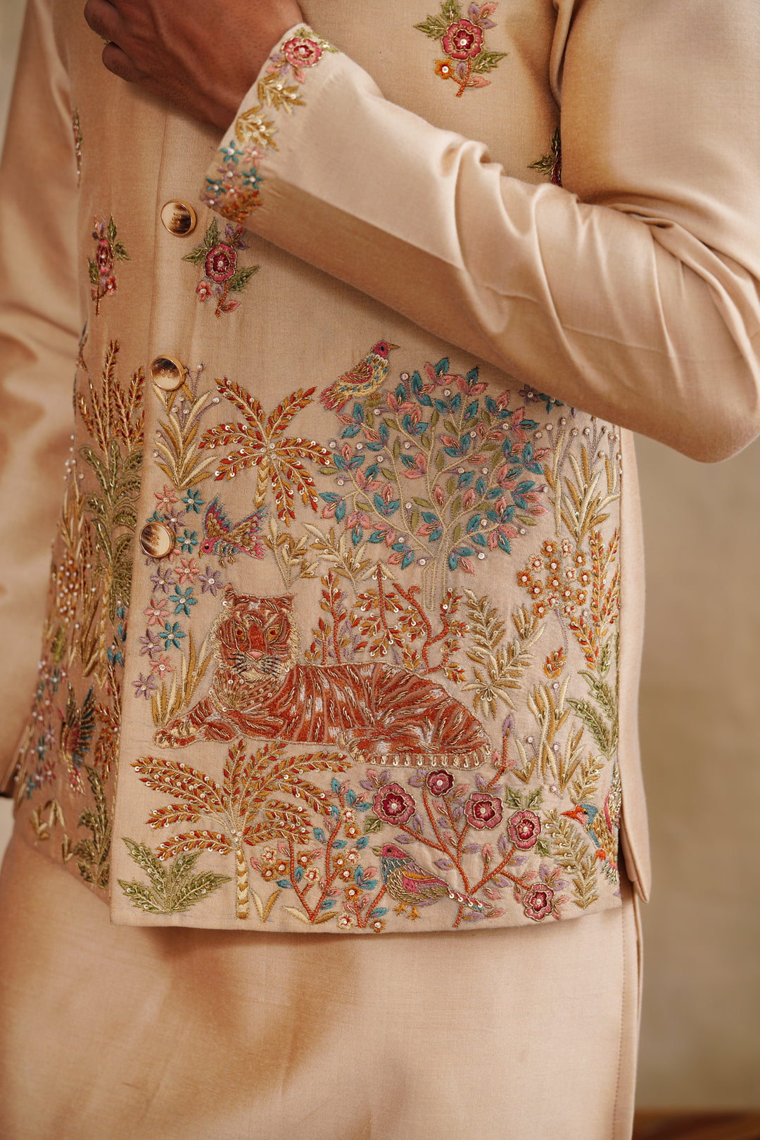 Beige Zardozi and Thread Embroidered Waist Coat Kurta Set on Silk