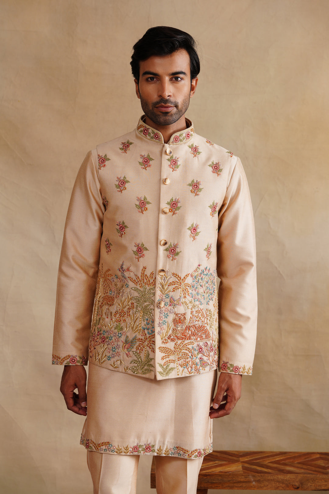 Beige Zardozi and Thread Embroidered Waist Coat Kurta Set on Silk