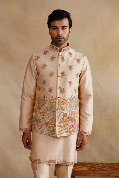 Beige Zardozi and Thread Embroidered Waist Coat Kurta Set on Silk