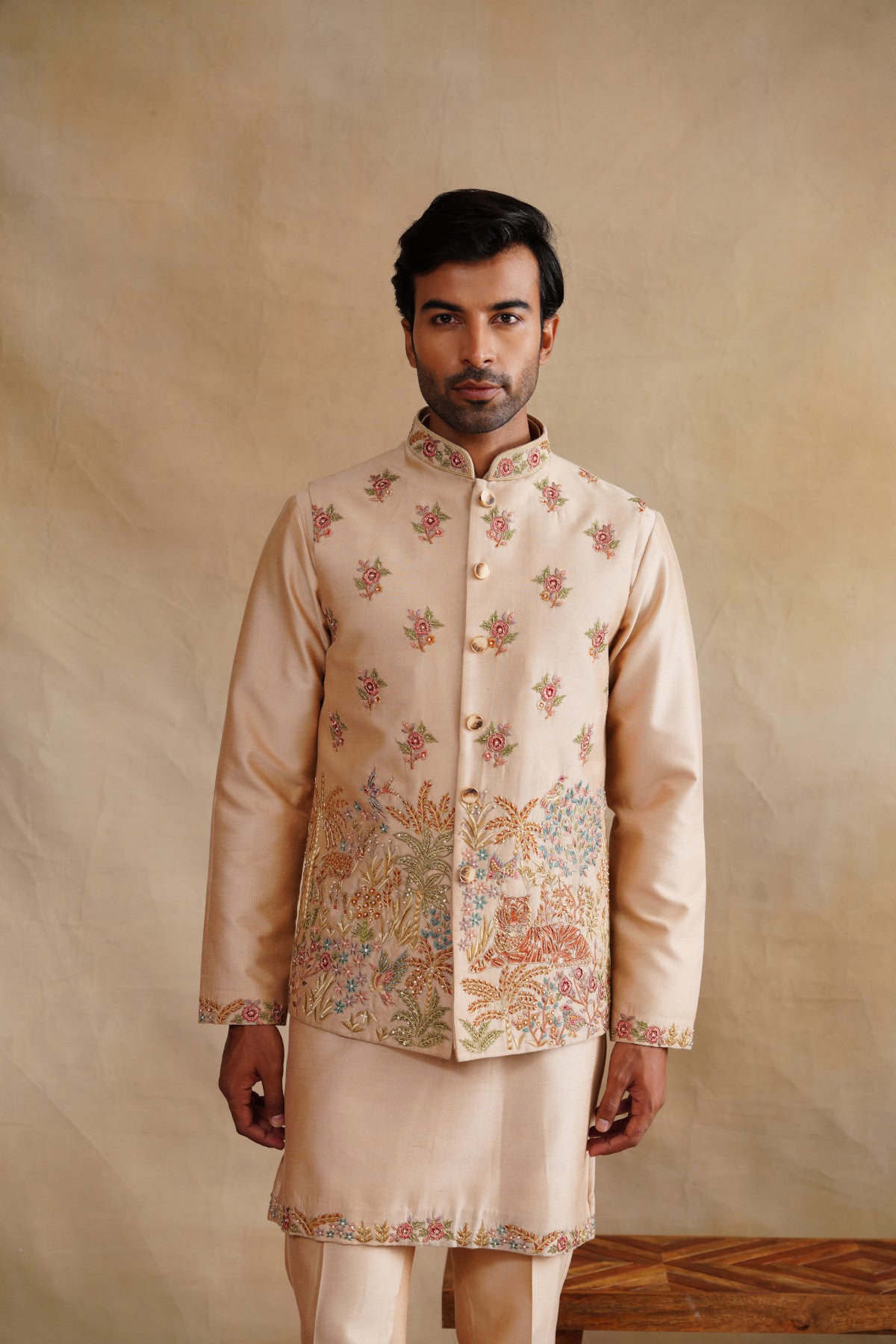 Beige Waistcoat Kurta Set with Scattered Florals & Heritage Tiger Embroidery