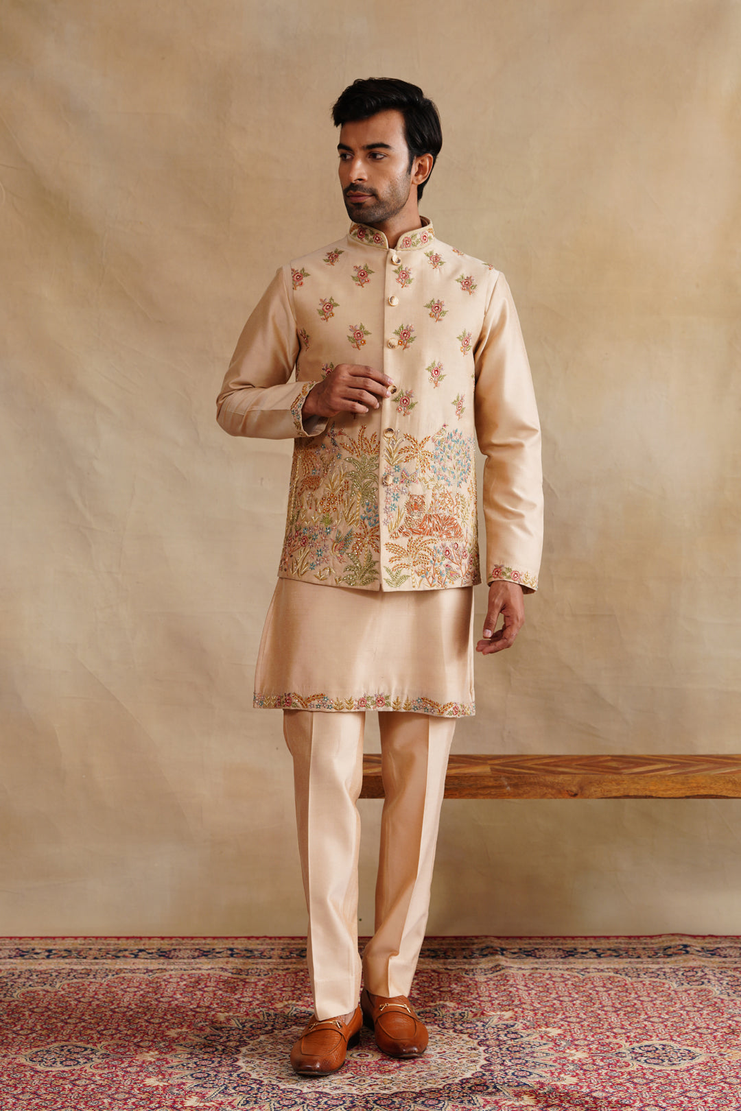 Beige Zardozi and Thread Embroidered Waist Coat Kurta Set on Silk