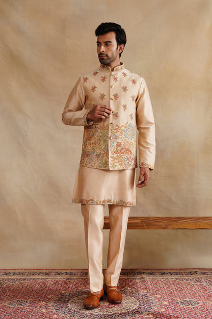 Beige Zardozi and Thread Embroidered Waist Coat Kurta Set on Silk