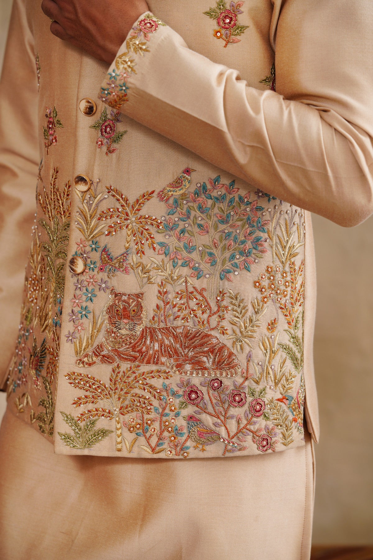 Beige Waistcoat Kurta Set with Scattered Florals & Heritage Tiger Embroidery