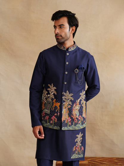 Blue Thread Embroidered and Sequins Work Waist Coat Kurta Set on silk
