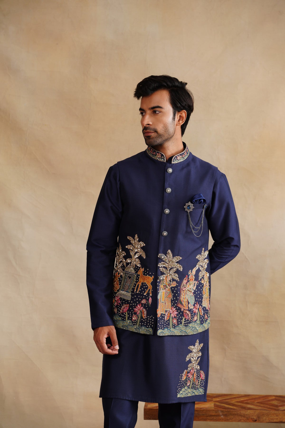Navy Blue Waistcoat Kurta Set with Heritage Landscape Embroidery