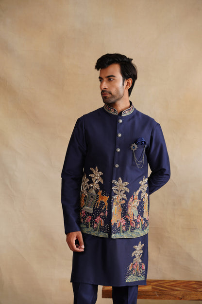 Navy Blue Waistcoat Kurta Set with Heritage Landscape Embroidery