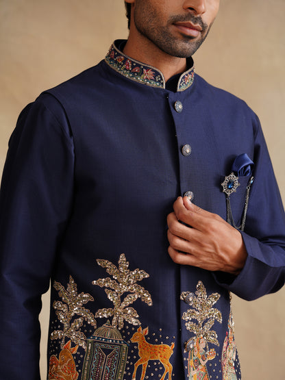 Blue Thread Embroidered and Sequins Work Waist Coat Kurta Set on silk