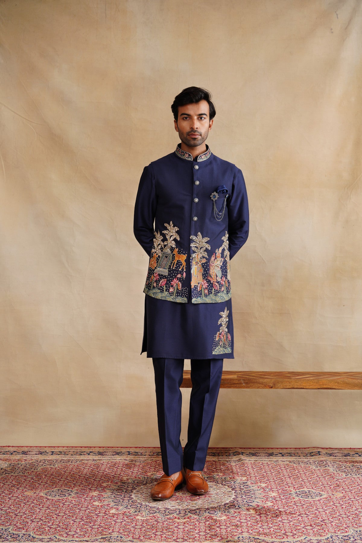 Navy Blue Waistcoat Kurta Set with Heritage Landscape Embroidery