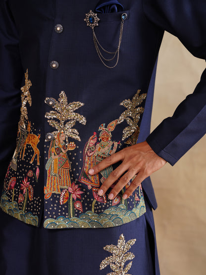 Blue Thread Embroidered and Sequins Work Waist Coat Kurta Set on silk