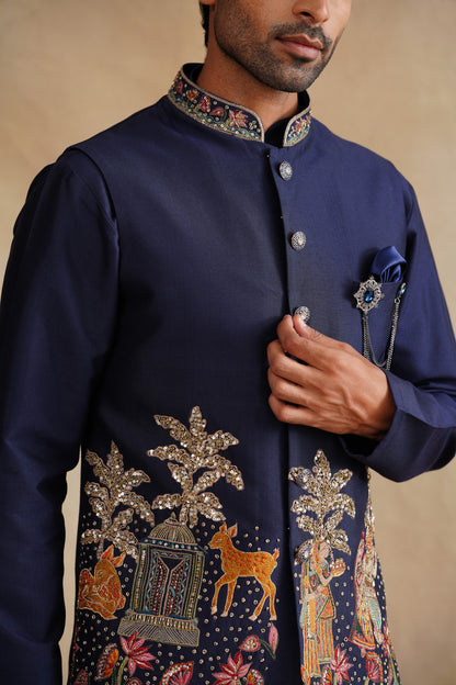 Navy Blue Waistcoat Kurta Set with Heritage Landscape Embroidery