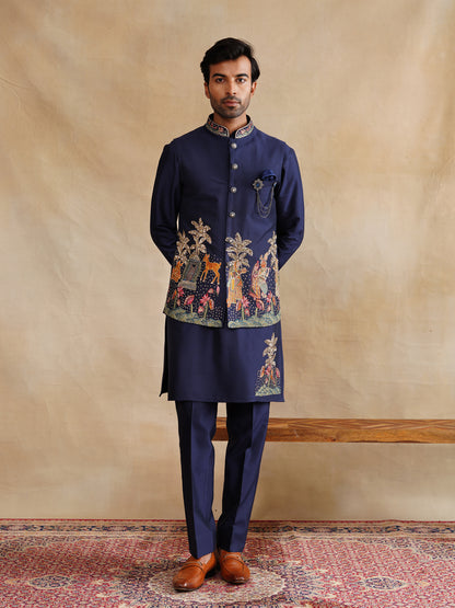 Blue Thread Embroidered and Sequins Work Waist Coat Kurta Set on silk