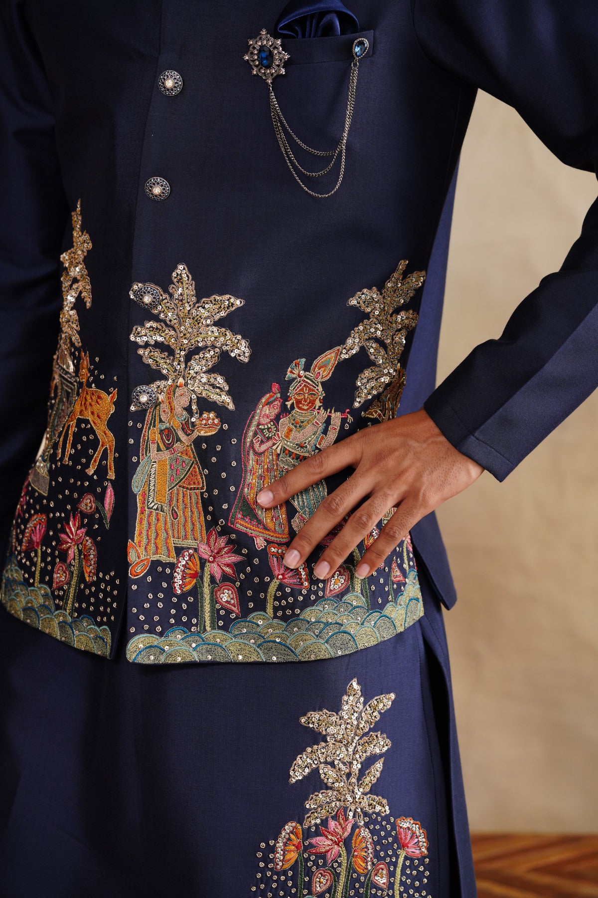 Navy Blue Waistcoat Kurta Set with Heritage Landscape Embroidery