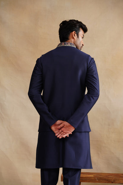 Navy Blue Waistcoat Kurta Set with Heritage Landscape Embroidery