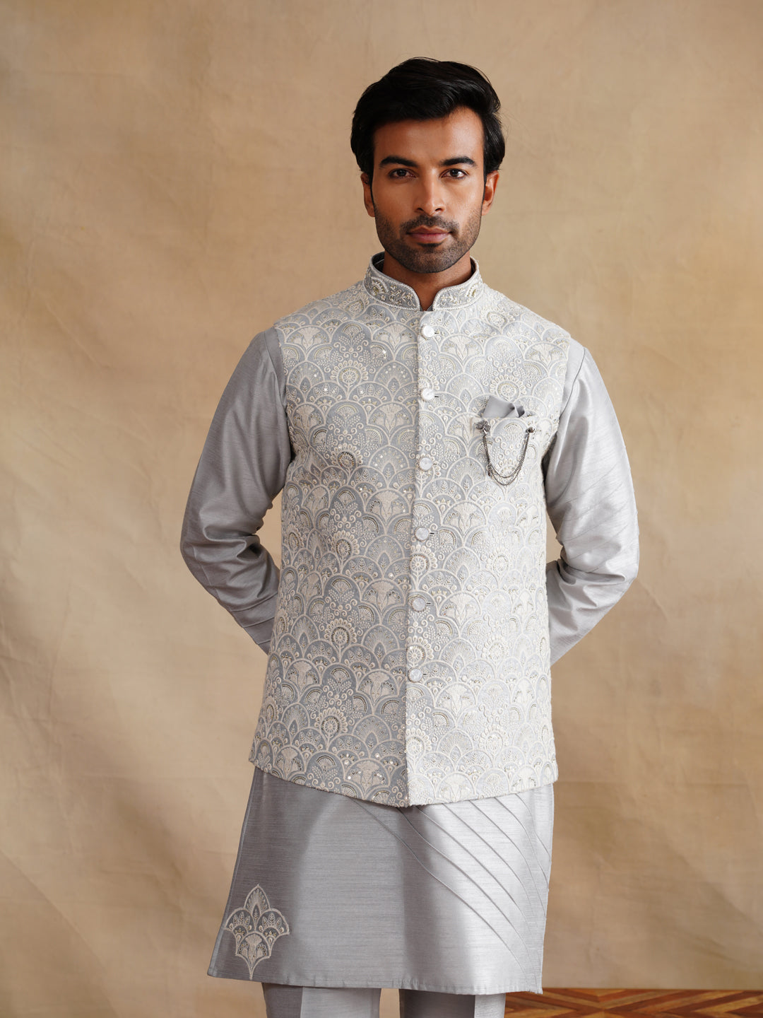 Grey Thread Embroidered Waist Coat Kurta Set on silk