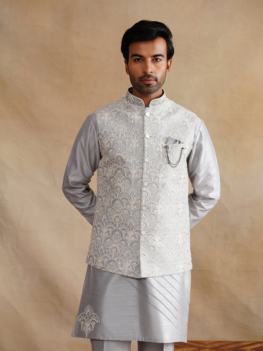 Grey Thread Embroidered Waist Coat Kurta Set on silk