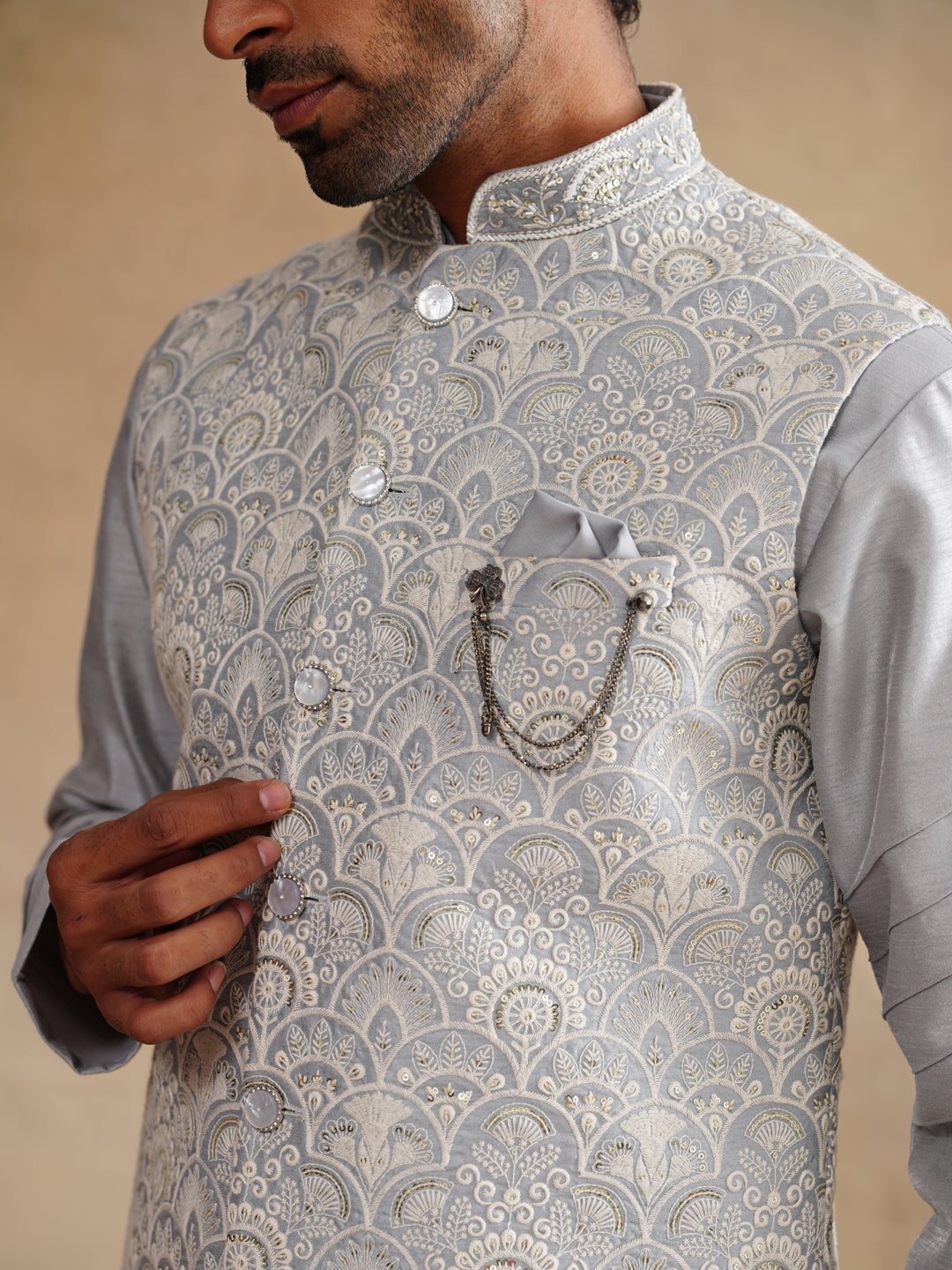 Grey Thread Embroidered Waist Coat Kurta Set on silk