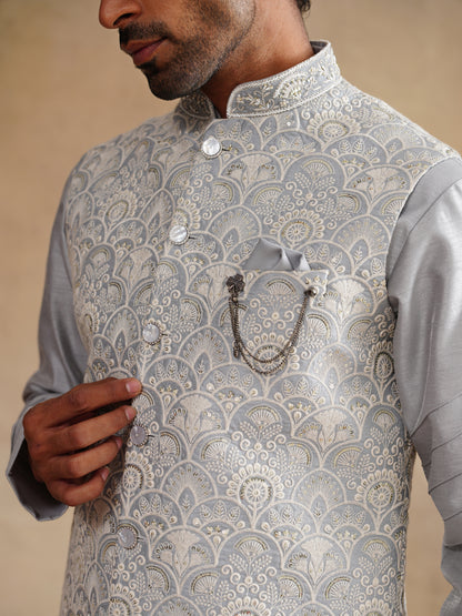 Grey Thread Embroidered Waist Coat Kurta Set on silk