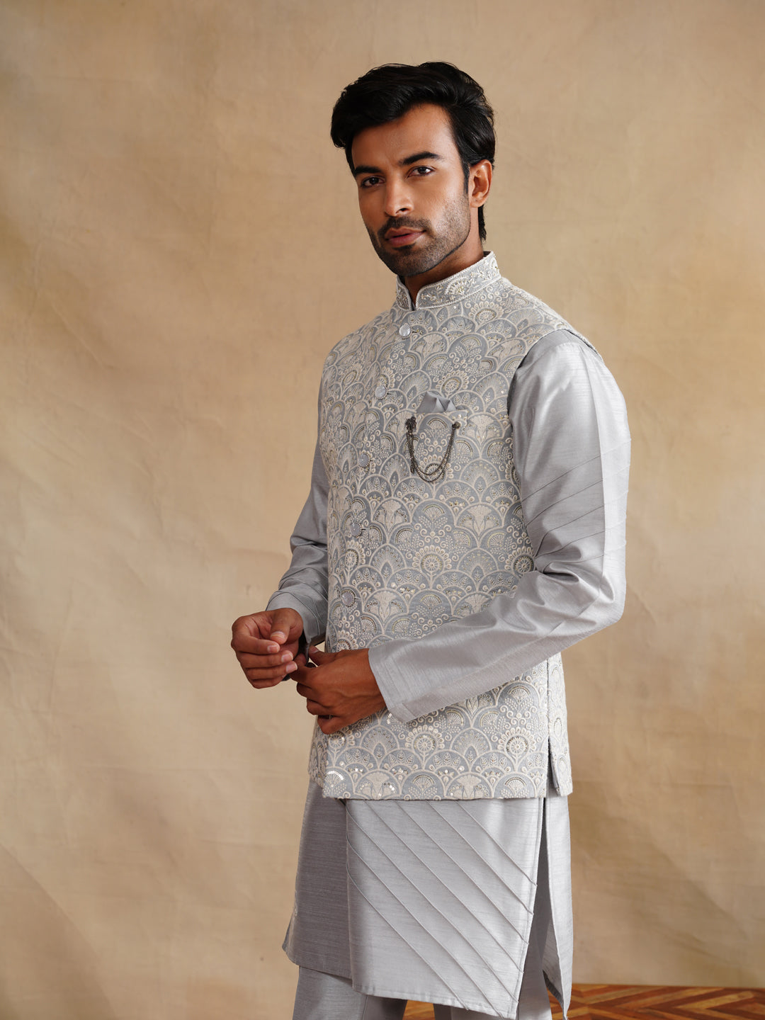 Grey Thread Embroidered Waist Coat Kurta Set on silk