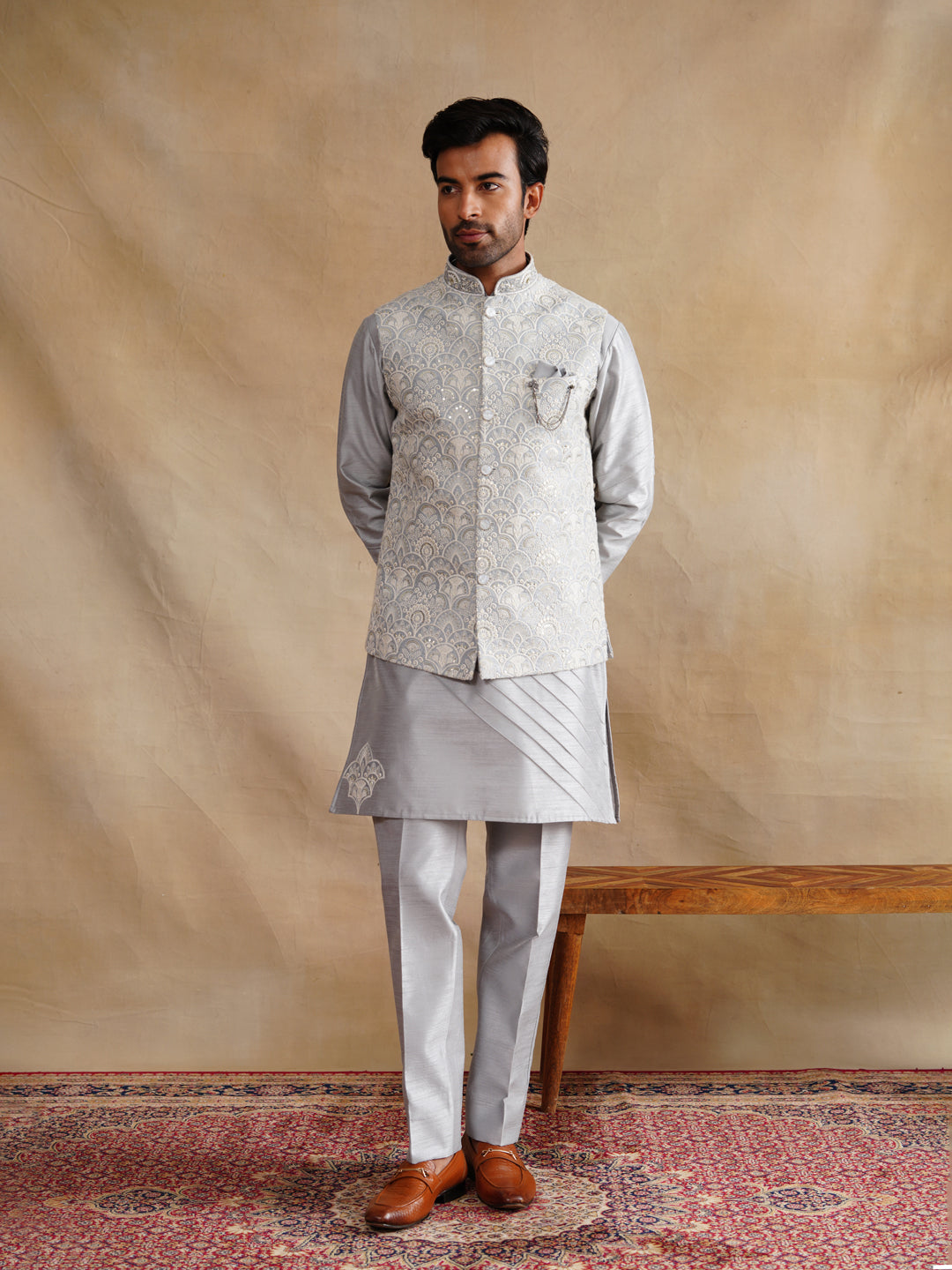 Grey Thread Embroidered Waist Coat Kurta Set on silk