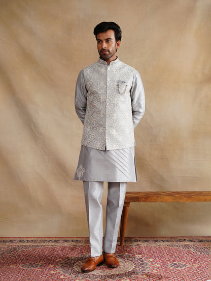 Grey Thread Embroidered Waist Coat Kurta Set on silk