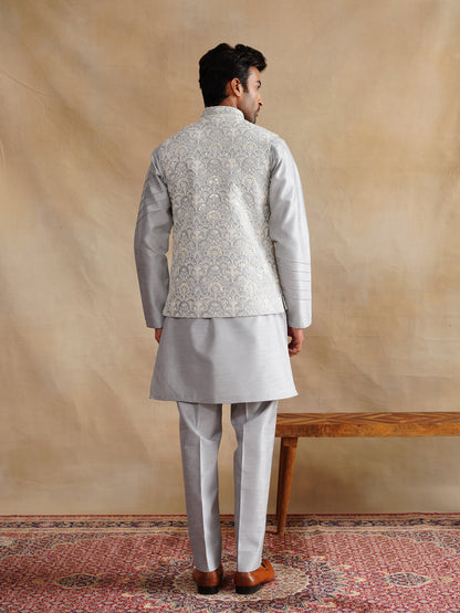 Grey Thread Embroidered Waist Coat Kurta Set on silk