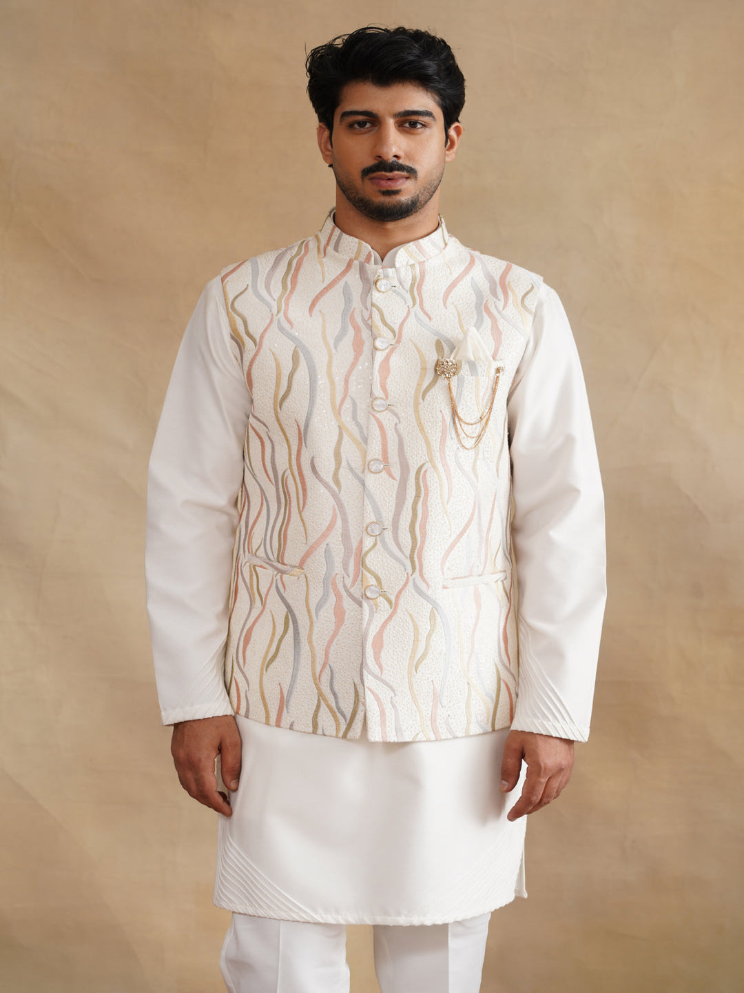 White Thread Embroidered Waist Coat Kurta Set on silk